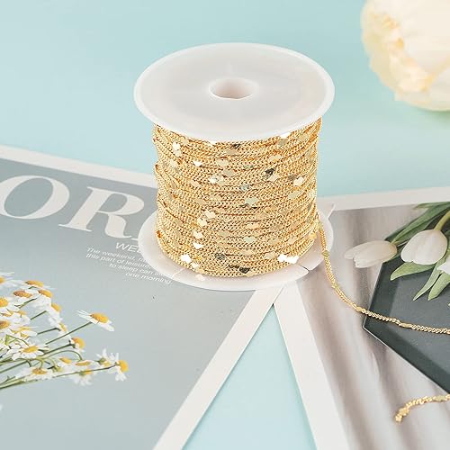 Miniatura 5 de YOUBEIYEE Cadenas de oro claro de 10 metros (32.8 ft) para hacer joyas, latón chapado en oro de 18 quilates, cadena de eslabones de corazón plano