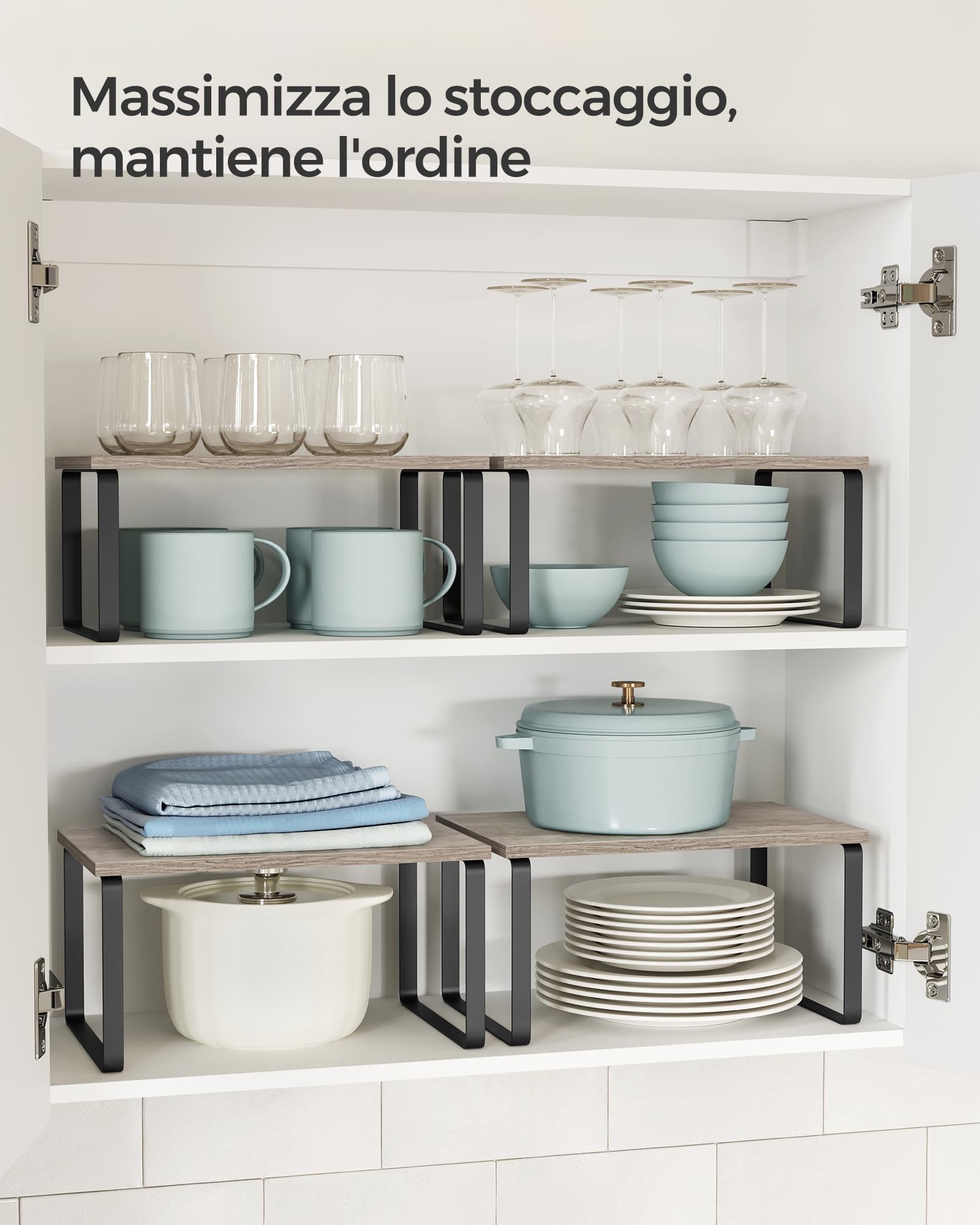 SONGMICS Scaffale Portaspezie, Set di 2 Organizzatori da Cucina Espandibili, Scaffale da Cucina Impilabile, Metallo e Legno Ingegnerizzato, Nero Inchiostro e Greige Erica KCS020X02
