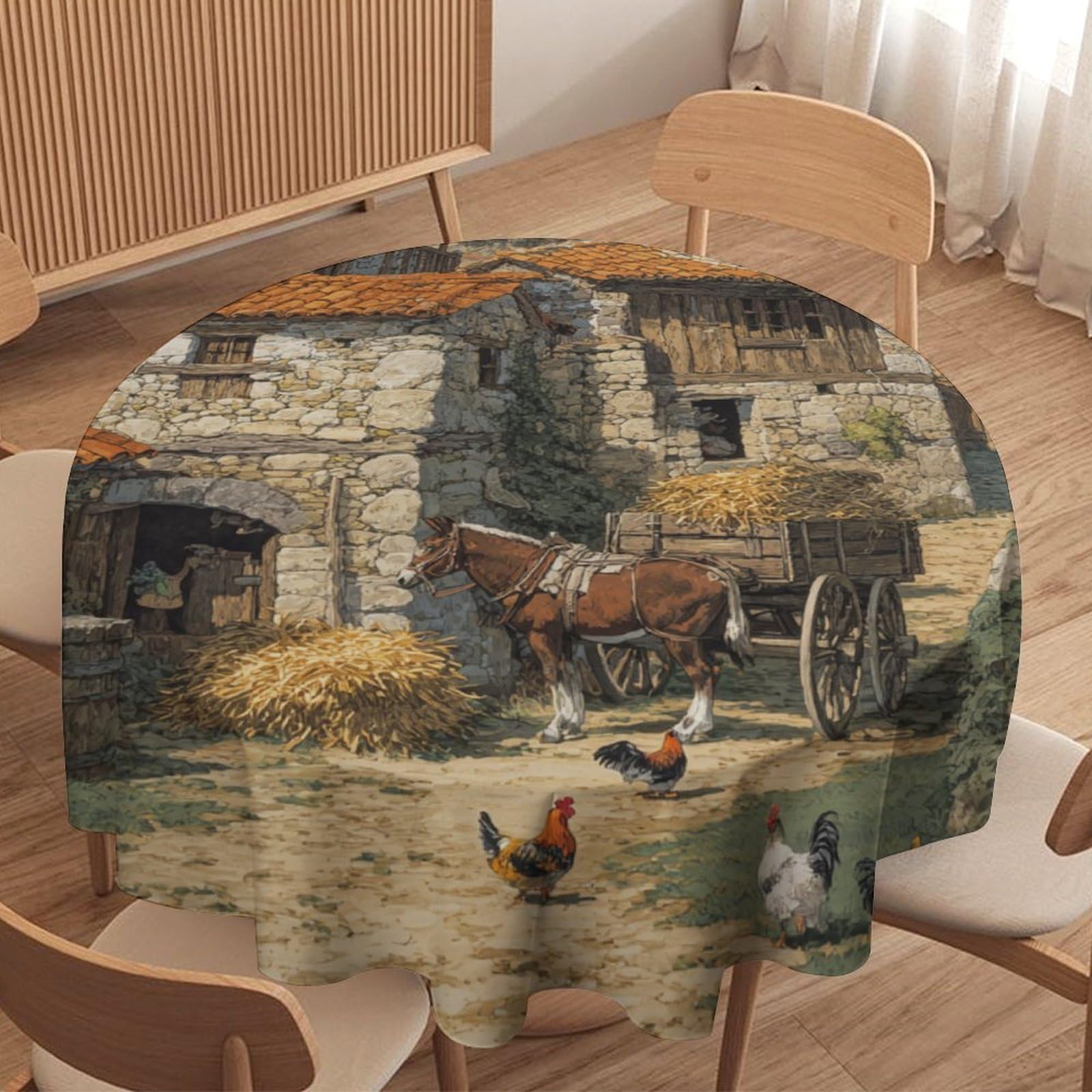 LUYYSKY Classic Rustic Donkeys Waterproof Round Tablecloth Mid Century Vintage Stone House Animals Chickens Roosters Print Washable Table Cover for Kitchen-177.8" Wx177.8 L cm