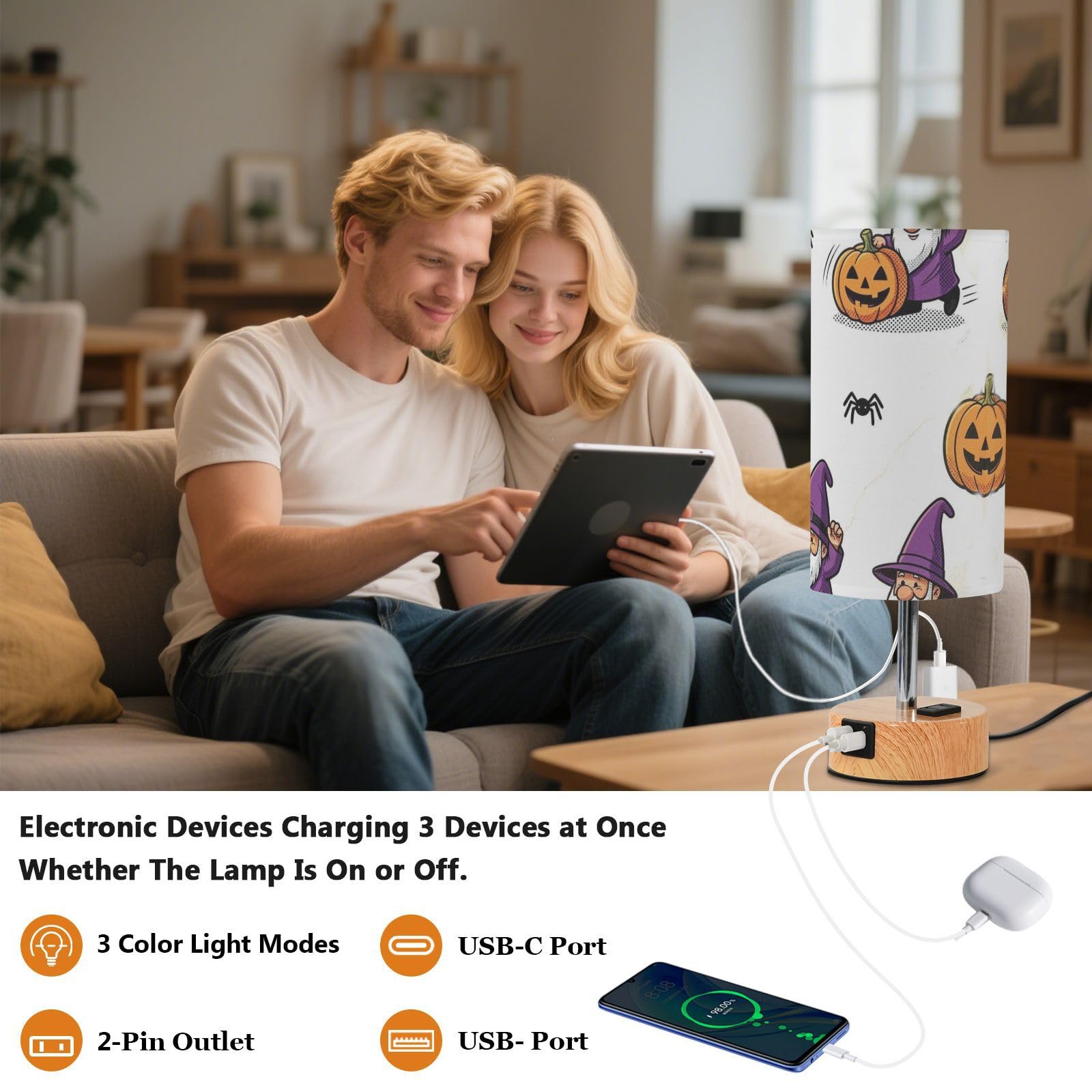 Yuiboo Lampa stołowa z portami USB C+A, lampki nocne