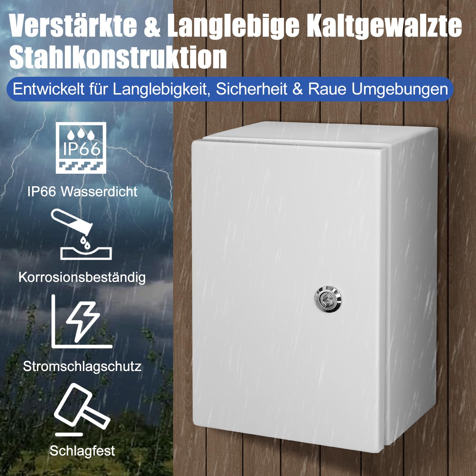 LeMotech Stahlschaltschrank, IP66 Wasserdichte Anschlusskasten, Abschließbarer Schaltkasten, Elektrogehäuse Mit Eingebaute Montageplatte, Elektrokasten für Außen- Innenbereich, 300×200×150mm