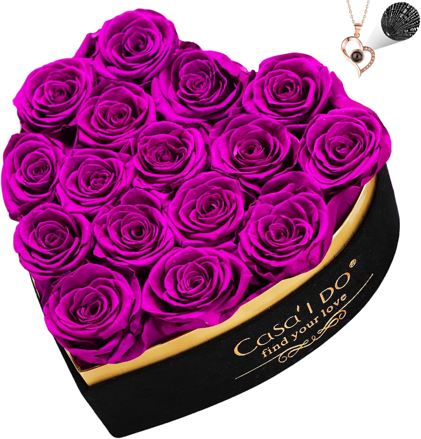 Preserved Roses Flowers for Delivery 16 Pcs, Vanlentines Day Gift for Her, Forever Flores in Heart Box with Necklace, Anniversary Birthday Christmas Rose Gift for Women Wife Girlfriend, Purple