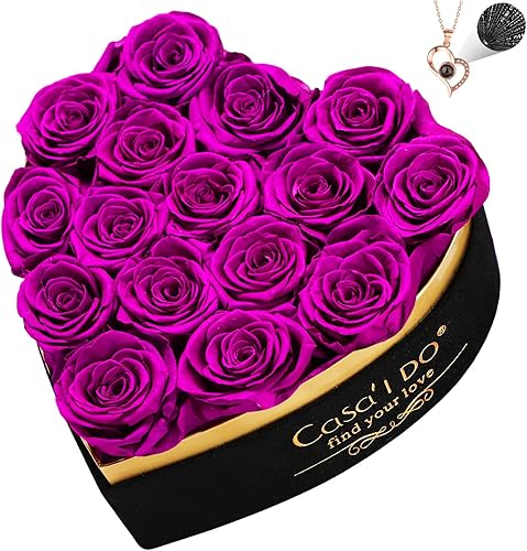 Miniatura 10 de Rosas Preservadas para Entrega 16 Pzas, Flores Forever en Caja de Corazón con Collar, Rosa Eterna Regalo de Aniversario Cumpleaños para Mujeres