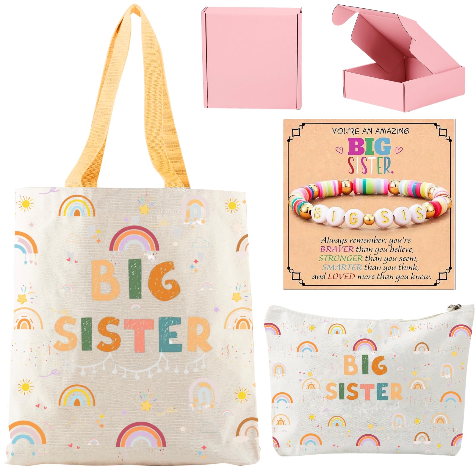 3PCS Big Sister Gifts for Girls, Big Sister Tote Bag, Pen Bag, Bracelet for Announcement Gift Set Sibling Keepsake