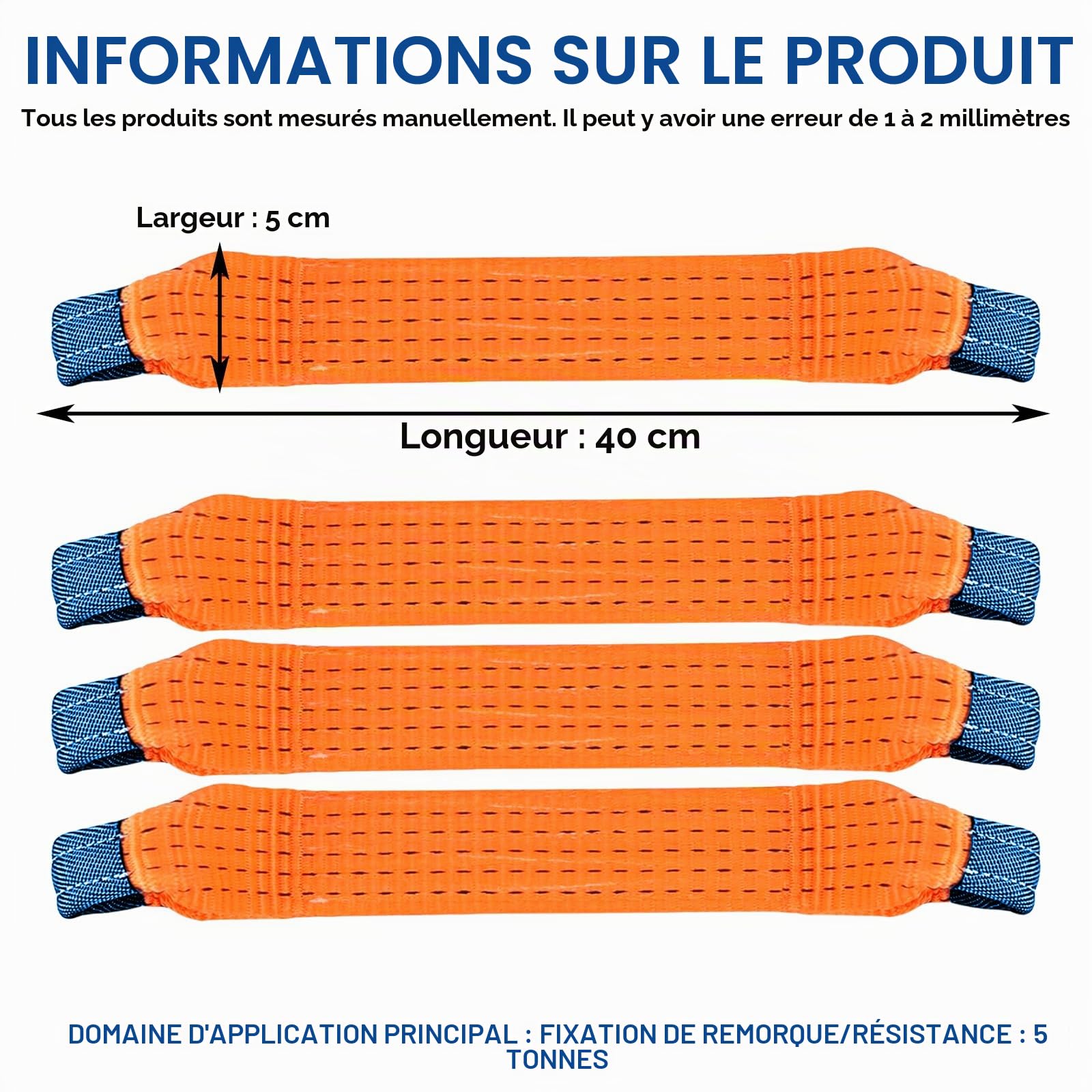 PORFOYO - Lot de 4 sangles d'arrimage transversales universelles de 50 mm x 40 cm - Sangle d'arrimage pour voiture, moto, bateau, camion, remorque - Orange - Polyester - 5 tonnes de force de serrage