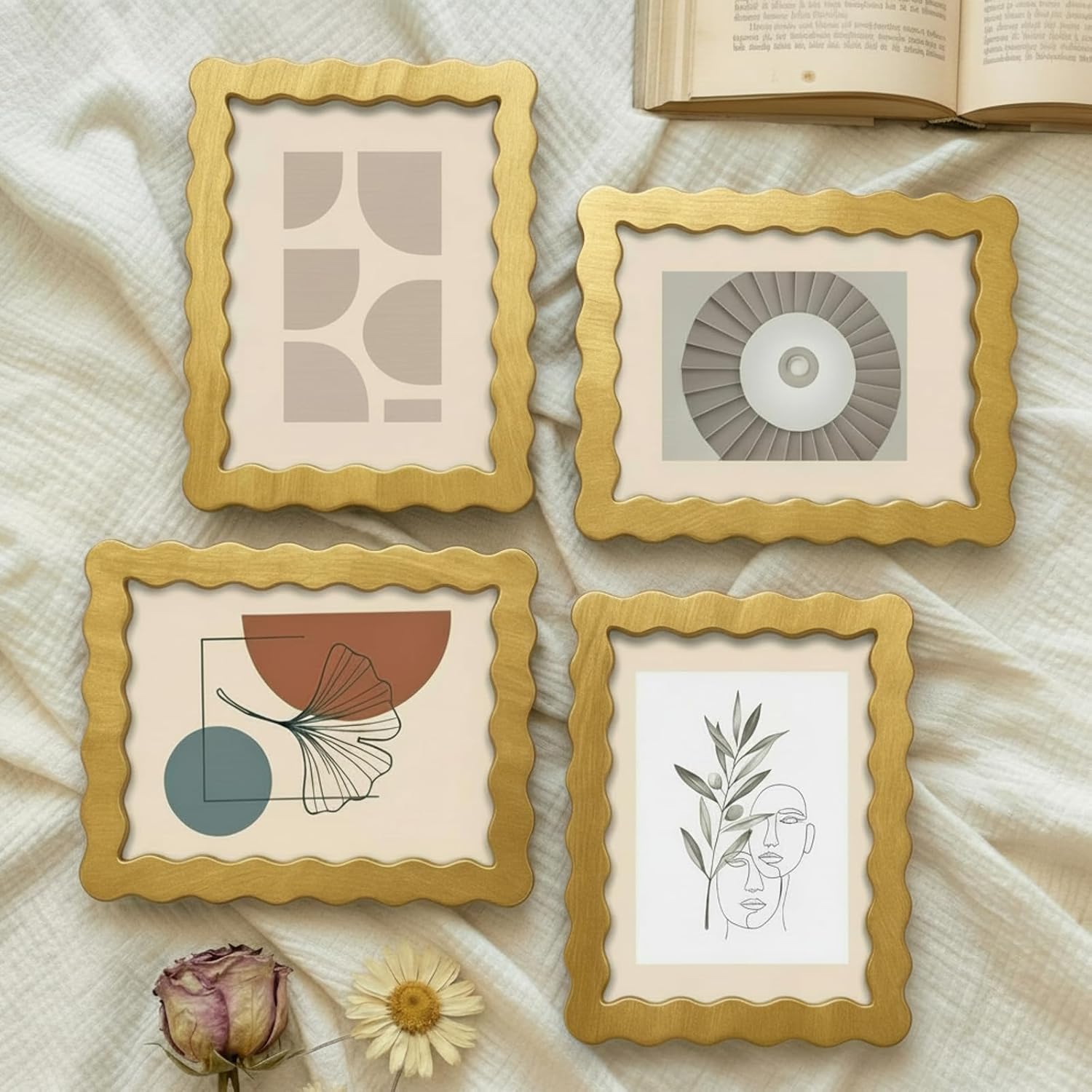 Novabright 4 Set 5 x 7 Scalloped Picture Frame with Mat 3D Scalloped Edge Wooden Photo Frames with Real Glass - Wall Mount and Tabletop Display for Home Decor Wedding Gifts, Golden