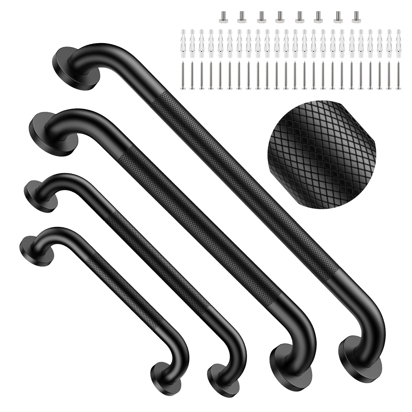 Black Grab Bars 4 Pack, Shower Rail Grab Bar 12" 16" 20" 24" Bundle