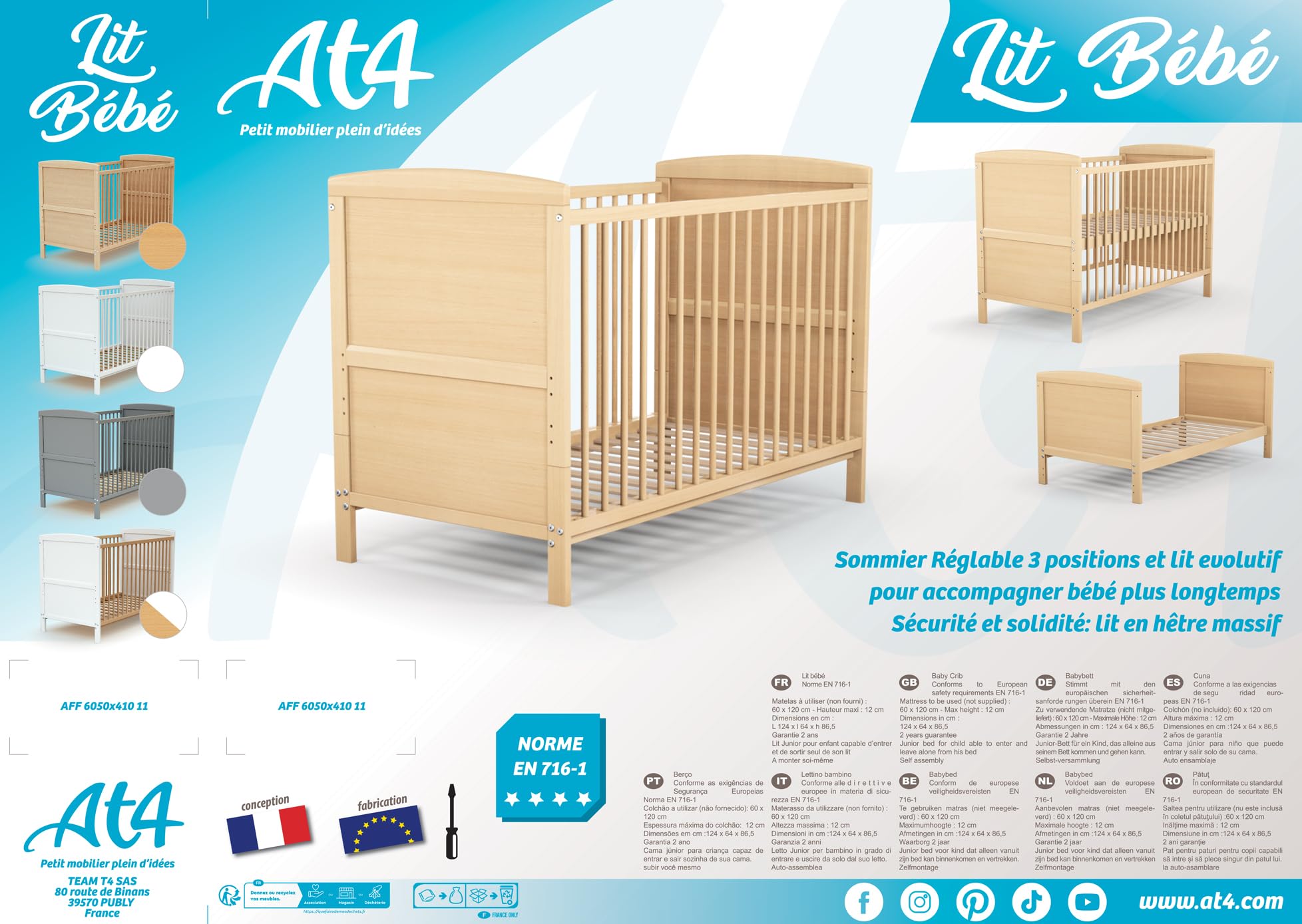 AT4 - Lettino bambini evolutivo ESSENTIEL legno - Faggio verni