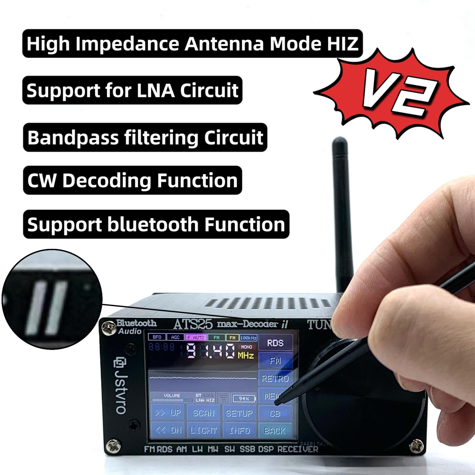 Irfora ATS-25MAX Decoder V2 2,4-Zoll-Touchscreen Tragbarer Vollband-Radioempfänger mit HAM-Frequenzmodulationsradios Suche nach CW-Decodierung WiFi LNA BT-Funktionen