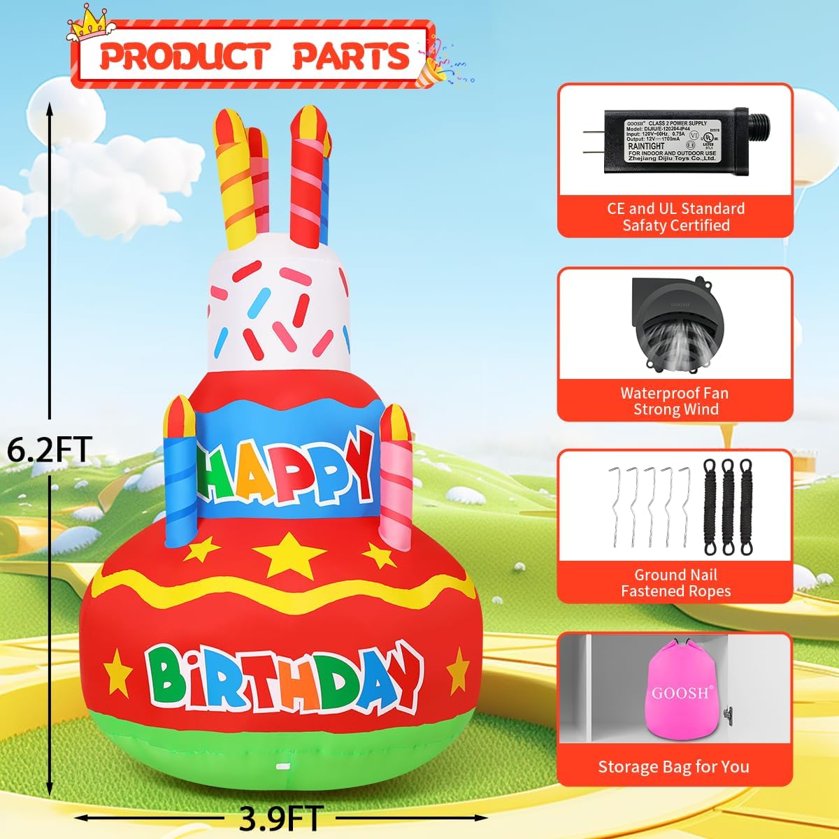 GOOSH 6.2 FT Birthday Inflatables Outdoor Decorations Cake with Candle, Happy Birthday Blow Up Yard Decoration with Colorful Rotating LED Lights for Party Garden Lawn