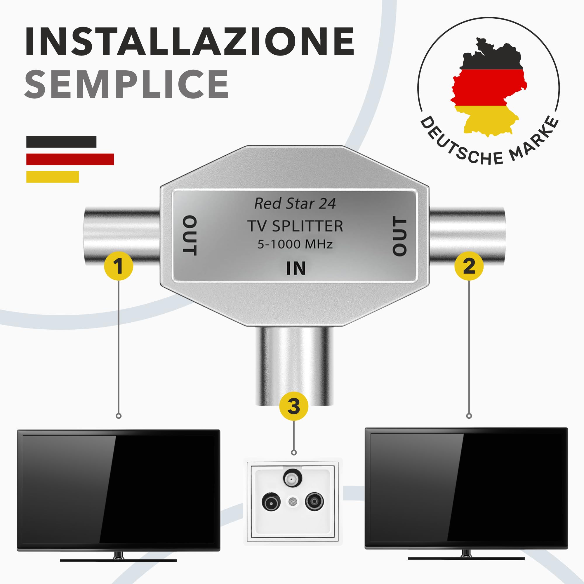 RedStar24 Distributore antenna a 2 vie – Distributore antenna – Splitter TV 2 vie adattatore T antenna TV 1 ingresso IEC coassiale femmina (accoppiamento) W 2 uscite IEC spina coassiale M | DVB-T / 2