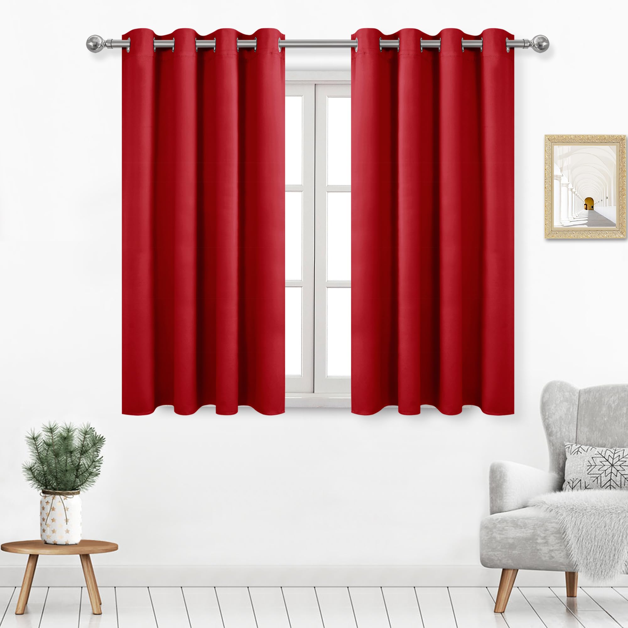 DWCN Red Christmas Curtains for Living Room, Short Blackout Drapes for Small Window, Thermal Room Darkening Panels for Bedroom - Red, W52 x L54 Inch,