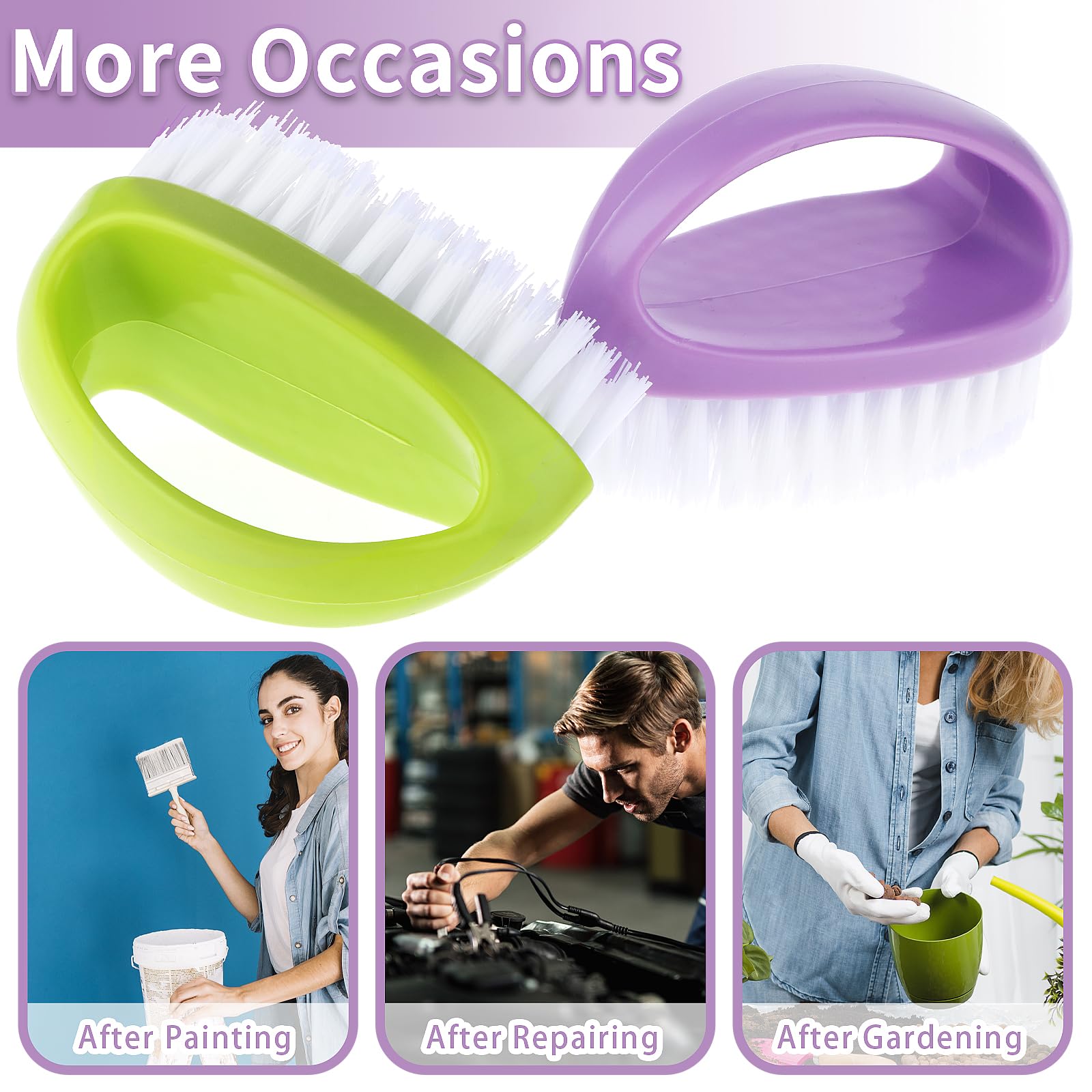 2 Pack Hand Nail Brushes,2 Colors of Handle Grip Duty Nail Brushes,Nylon Firm Stiff Bristles Deep Clean Brushes for Mechanics Gardeners Hand Under Nails Toes(Purple+Green) - Image 3