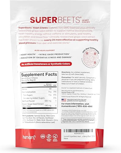 Vista 12 de Humann SuperBeets - Masticables de corazón, soporte de óxido nítrico y presión arterial, extracto de semilla de uva y polvo de raíz de remolacha sin