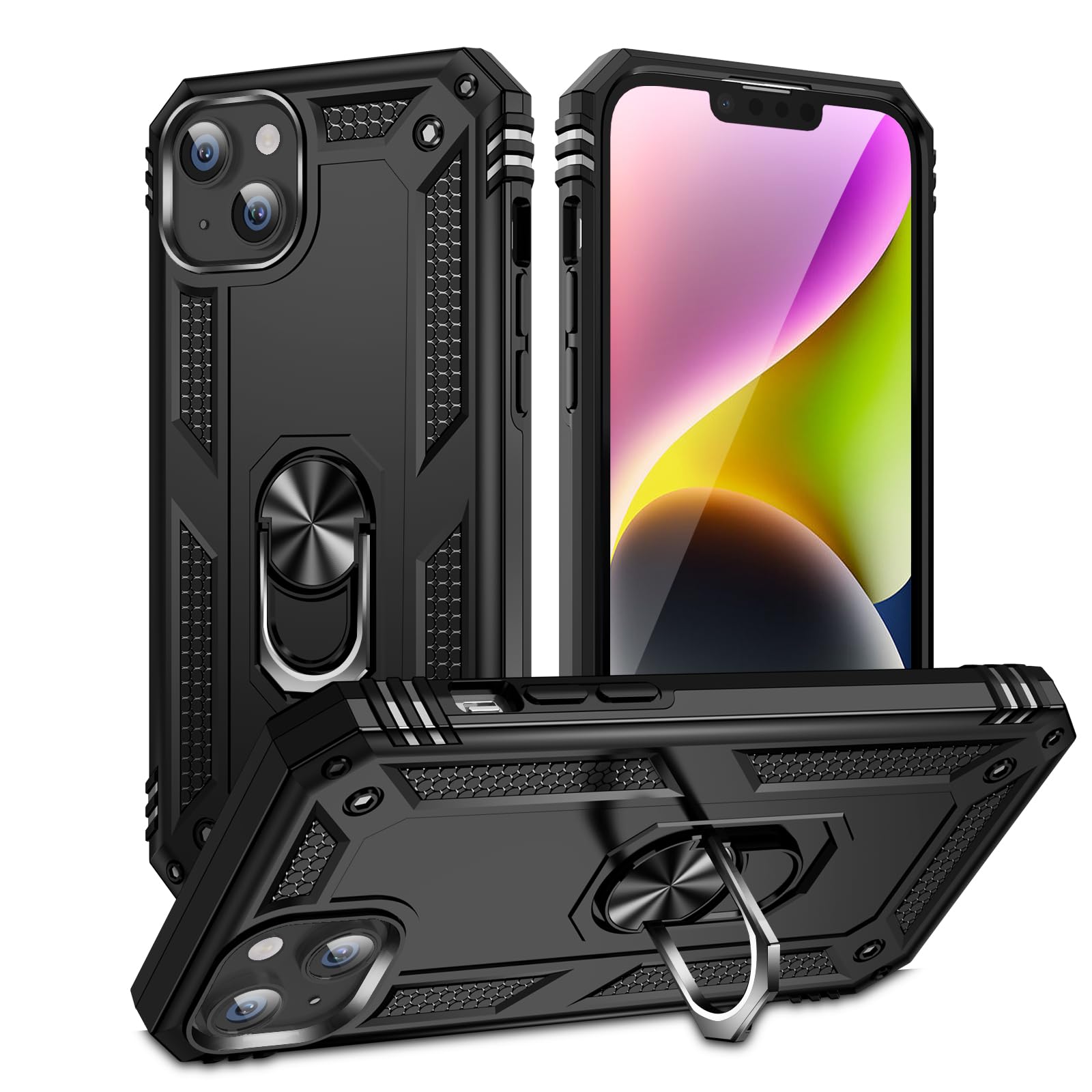 AFARER for iPhone 15 Plus Case-Full Body Military Grade Drop Protection with 360° Rotating Magnetic Ring Kickstand, Rugged Wear Resistant Phone Cover 6.7" (Black)