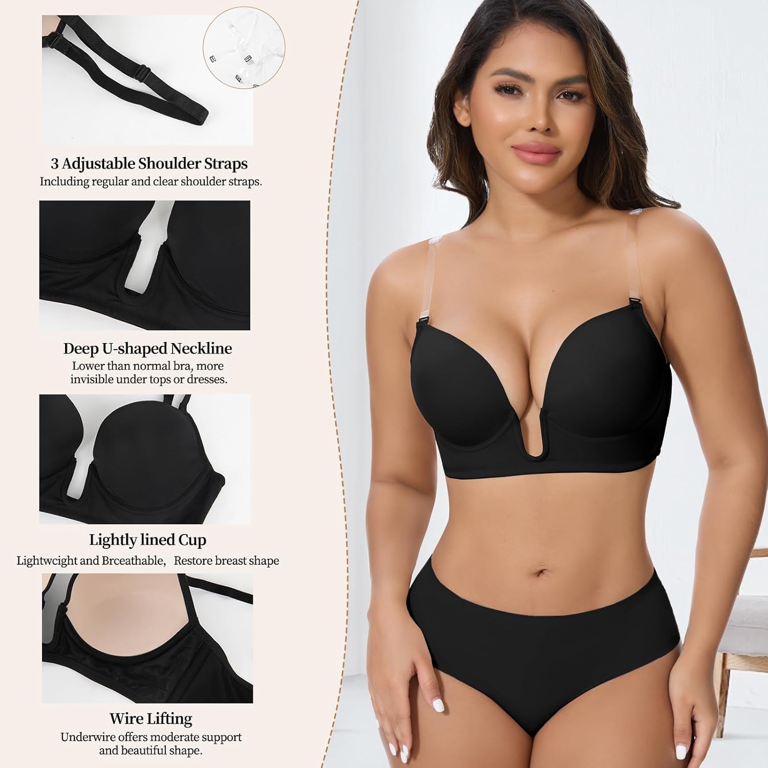JOYSHAPER Low Cut Bras for Women Deep Plunge Cleavage Backless Bra Underwire Convertible Push up Halter Bra with Clear Straps - Image 2