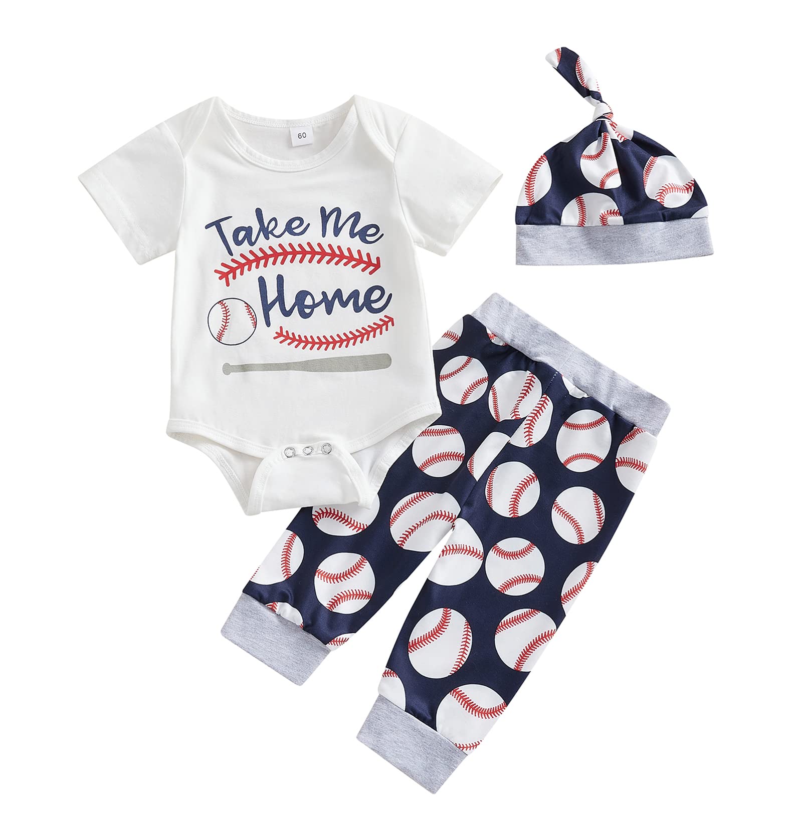 Toddler Baby Boy Baseball Outfit Funny Letter Short Sleeve Bodysuit Romper+Long Pants+Hat Summer Coming Home Clothes (White B, 0-3 Months)