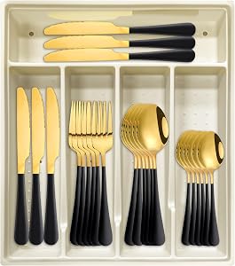 24-Piece Flatware Set with Organizer,Heavy Duty Stainless Steel Silverware for 6,Pink Cutlery Utensil Sets with Antiskid Handle，Rust-Proof Stainless Steel Cutlery, Mirror Polished (Blcak)