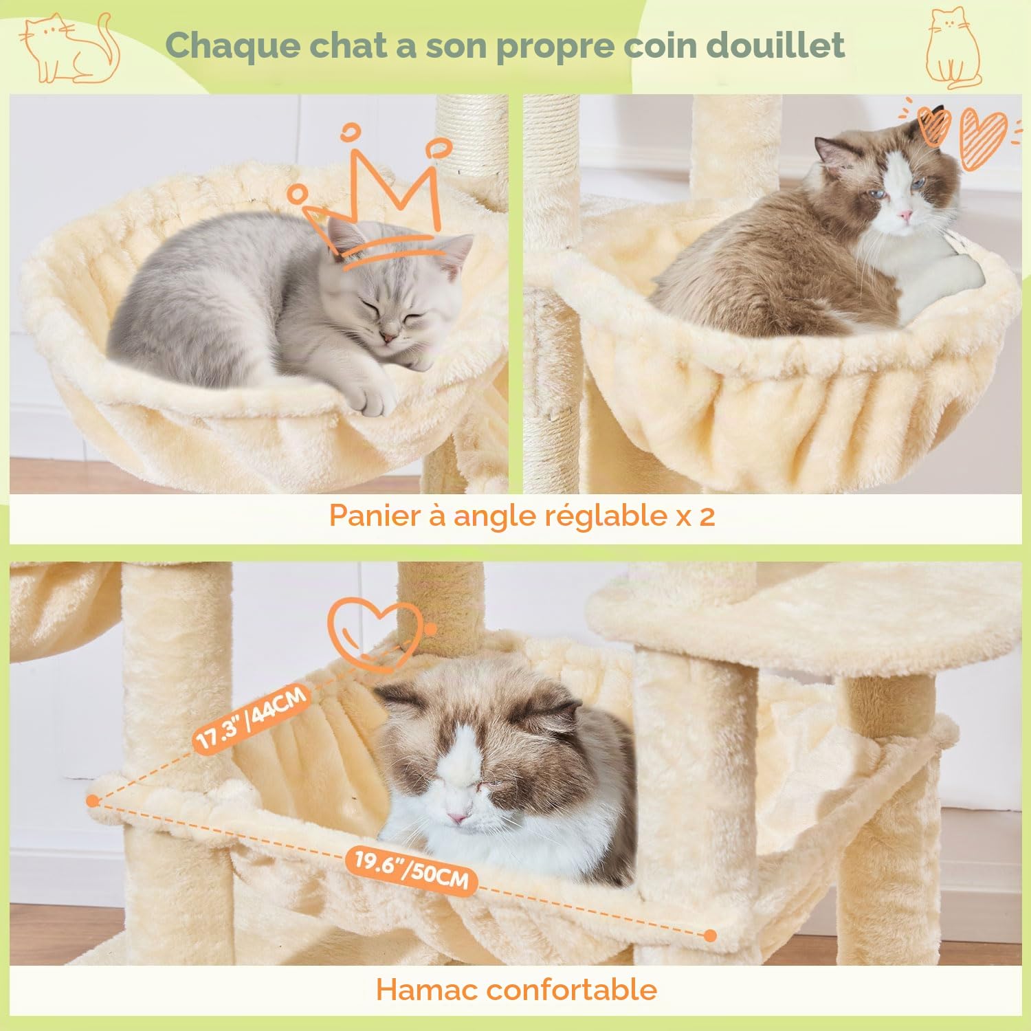Taoqimiao Arbre À Chat Stable 183 cm, Plateformes Grandes avec Coussins | Tour de Jeux pour Chats spécifique Pour Les Maine Coon, 2 Niches, Hamac, 2 Paniers, 7 Griffoir Sisal, F20M Beige