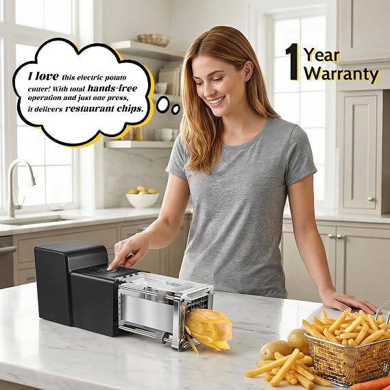 Sopito Electric Potato Chipper with 1/2'' Blade for Home & Commercial Use | Stainless Steel, 2 Button Control, Easy to Clean, Safe Protective Guard, for Sweet Potatoes, Carrots, Cucumbers, Onions