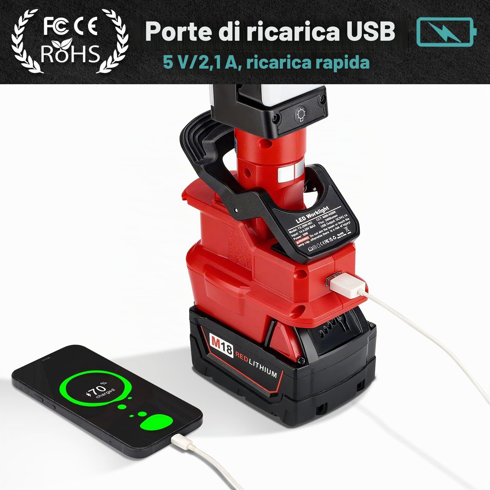 Luce da Lavoro a LED 2400LM con Clip Compatibile con Batteria al Litio Milwaukee m18, Luce di inondazione m18 da 30 W per Riparazione Auto, Campeggio, Illuminazione di Emergenza e Cantiere