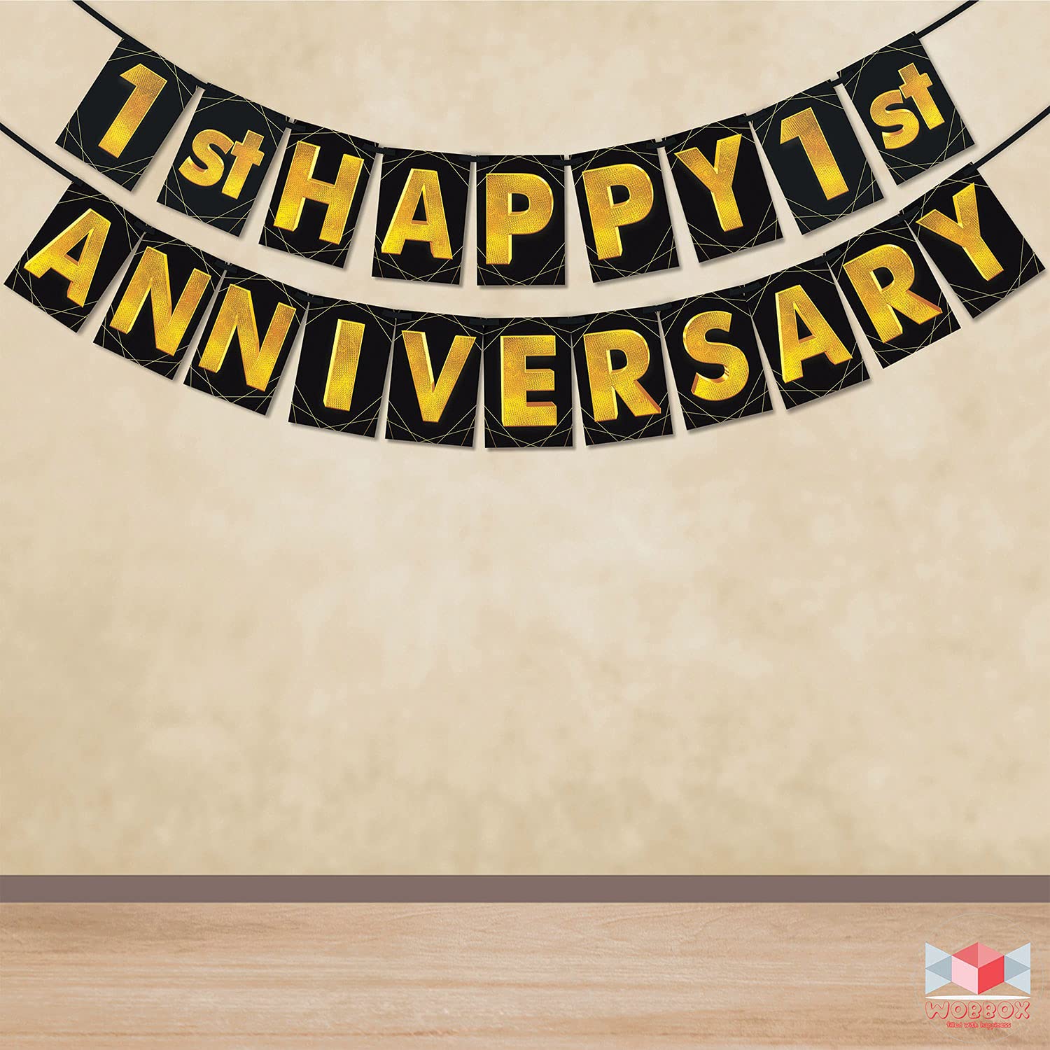 Wobbox Happy Anniversary Bunting Banner Black & Golden Simar Font 1st Month Happy Anniversary, Anniversary Decoration for Home, Happy Anniversary Decoration Item,