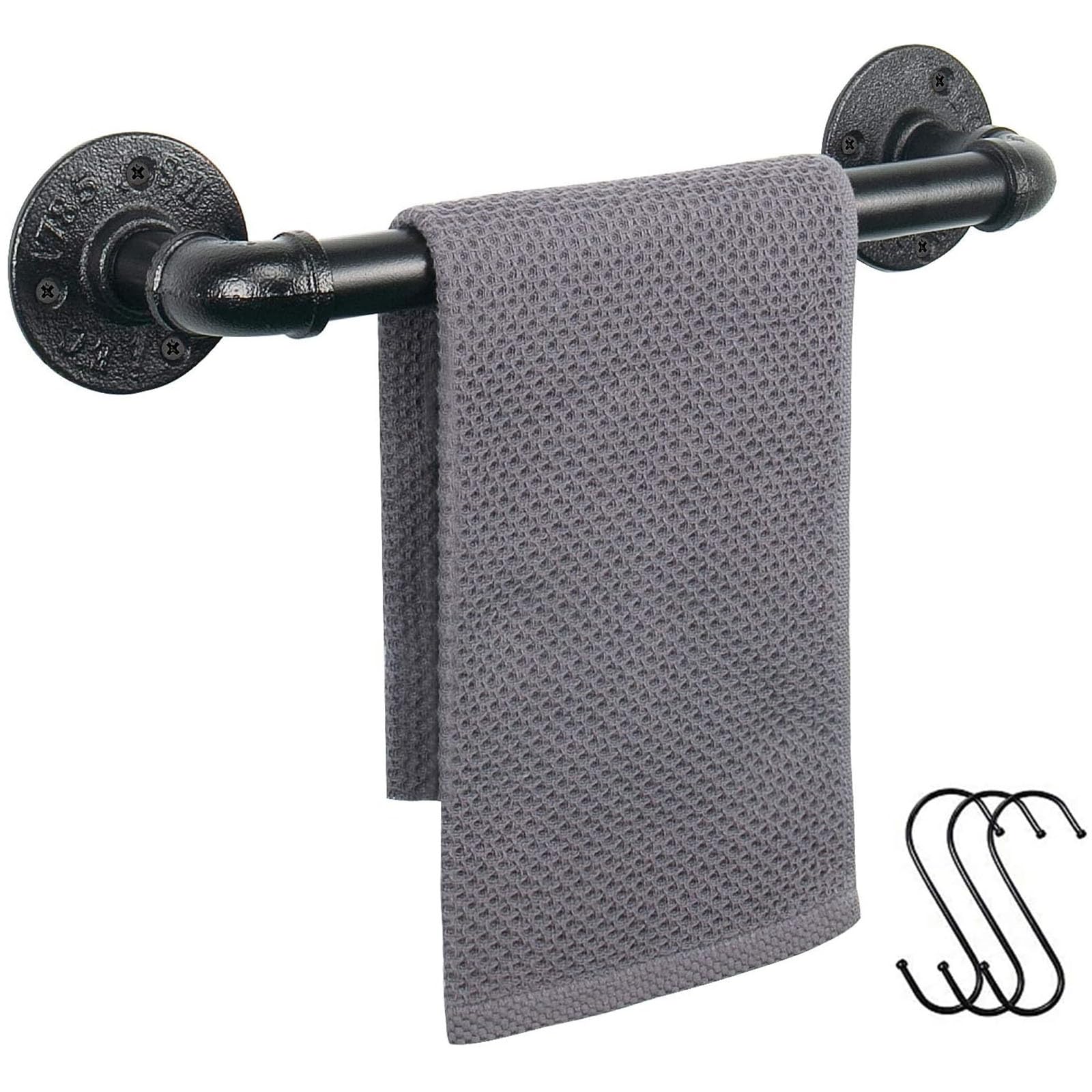 Jeasor Industrial Pipe Towel Bar, DIY Bathroom Shelf Rack Hanging Towel, Steampunk Wall Mount Bath Rustic Towel Rack Holder Rail with 3 Hooks (12 inch)