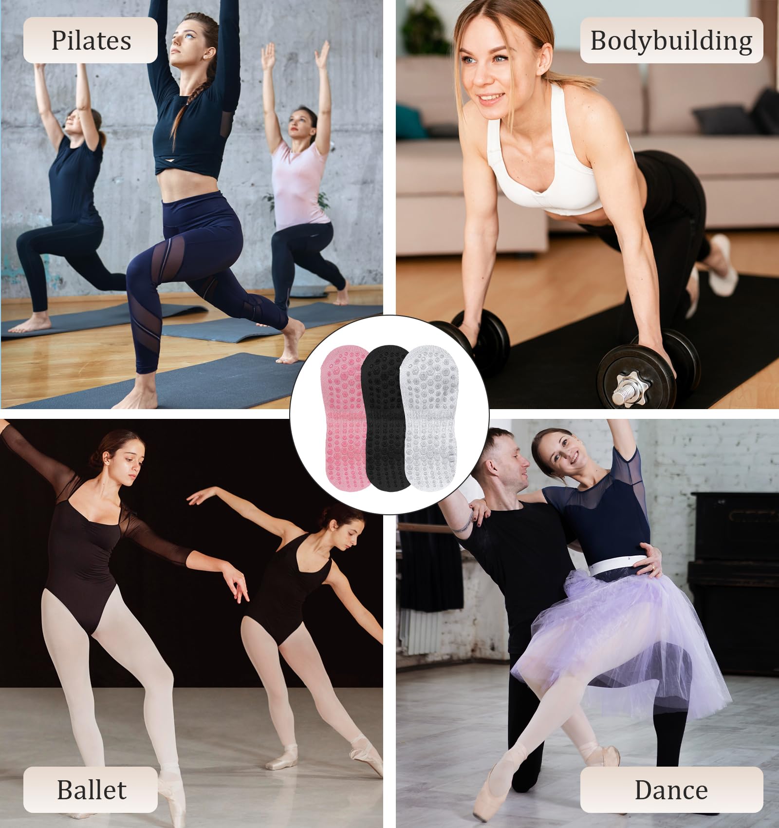 3 pary skarpet do pilatesu, jogi i fitnessu, antypoślizgowe, z wypustkami, oddychające, damskie, 34-40