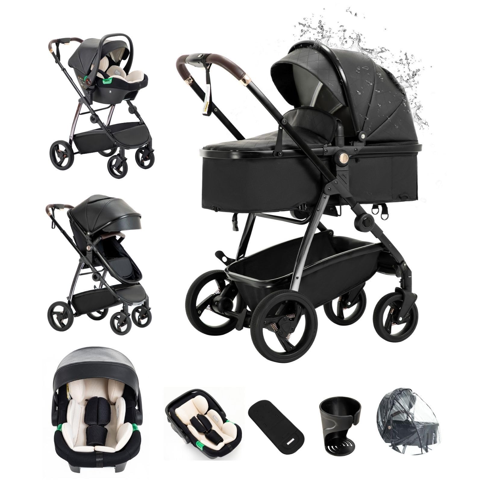Kakbgee Leder 3-in-1 Kinderwagen, Kombi-Kinderwagen mit ECE R129 Babyschale, Buggy mit Einhand-Klappfunktion, Aluminium-Rahmen, Moskitonetz, Hochliegende Tragetasche für Neugeborene 0-4 Jahre