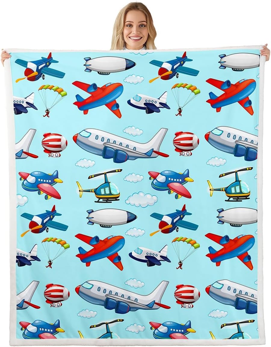 Kids Aircraft Sherpa Plush Blanket - Boys Cartoon Airplane & Helicopter Fleece Throw Blanket - Travel Decor, Fuzzy, Cute Colorful Room Decor - Twin 60x80 Inch