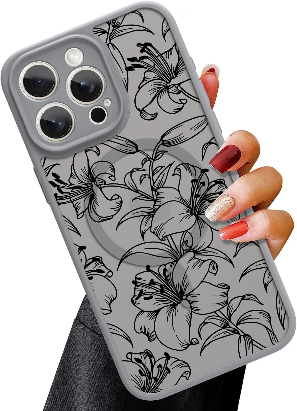 OOK Magnetic for iPhone 15 Pro Max Case Grey Flower Lily Pattern [Compatible with MagSafe] Slim Translucent Matte Camera Lens Protection Case for iPhone 15 Pro Max, Grey Lily Pattern (6.7")