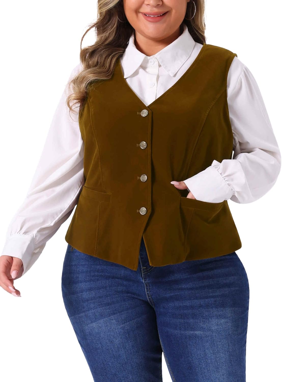 Agnes Orinda Plus Size Vests for Women Waistcoat Steampunk Velvet Sleeveless Button Down V Neck Suit Vests