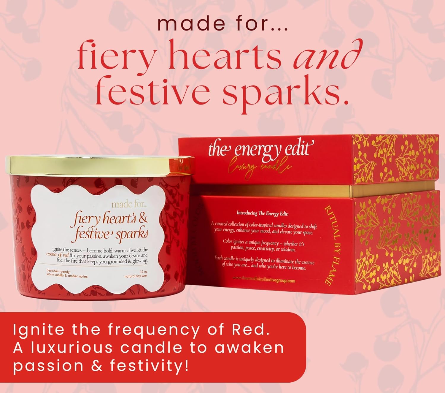 Red Crystal Candle for Women - 12oz Large Wood Wick Candle with Natural Soy Wax. Luxurious Slow Burn for Meditation with Real Crystals and Healing Stones. Gift for Birthday, Christmas, Mother’s Day - Image 3