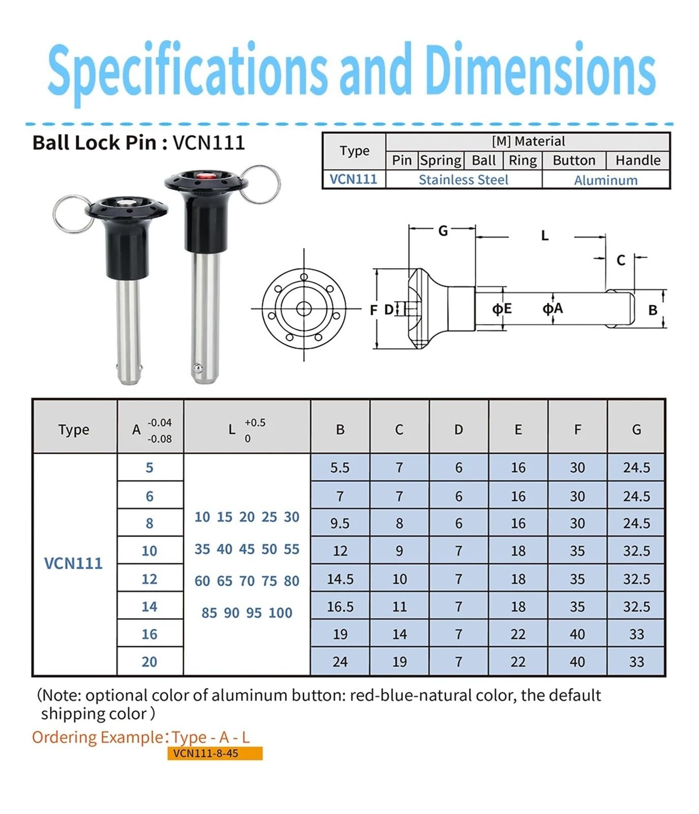 Perno di bloccaggio a sfera con pulsante, VCN111 Perno di bloccaggio a sfera a sgancio rapido Line Array SUS304 . Pulsante n. R. 30-100 mm(95)