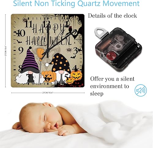 Miniatura 3 de Reloj de pared de madera, feliz Halloween, bosque medieval, calabaza, gnomos, telaraña, murciélago, reloj de pared de madera, funciona con pilas,