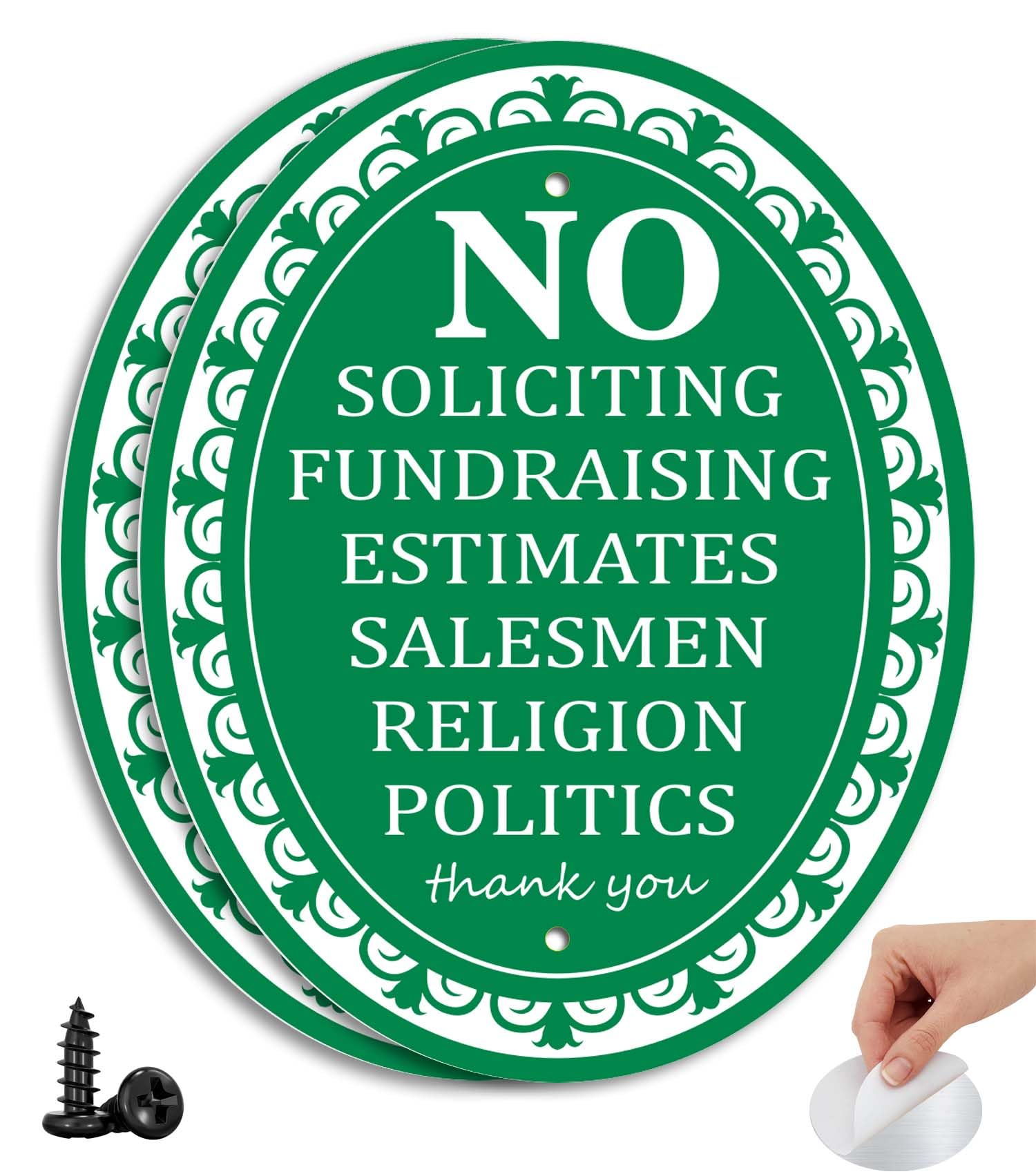 i-CowFun (2 Pack) Metal Self-adhesive No Soliciting Sign for Front Door - 6" x 4.7" Aluminum No Soliciting Sign for House, Home and Business, No