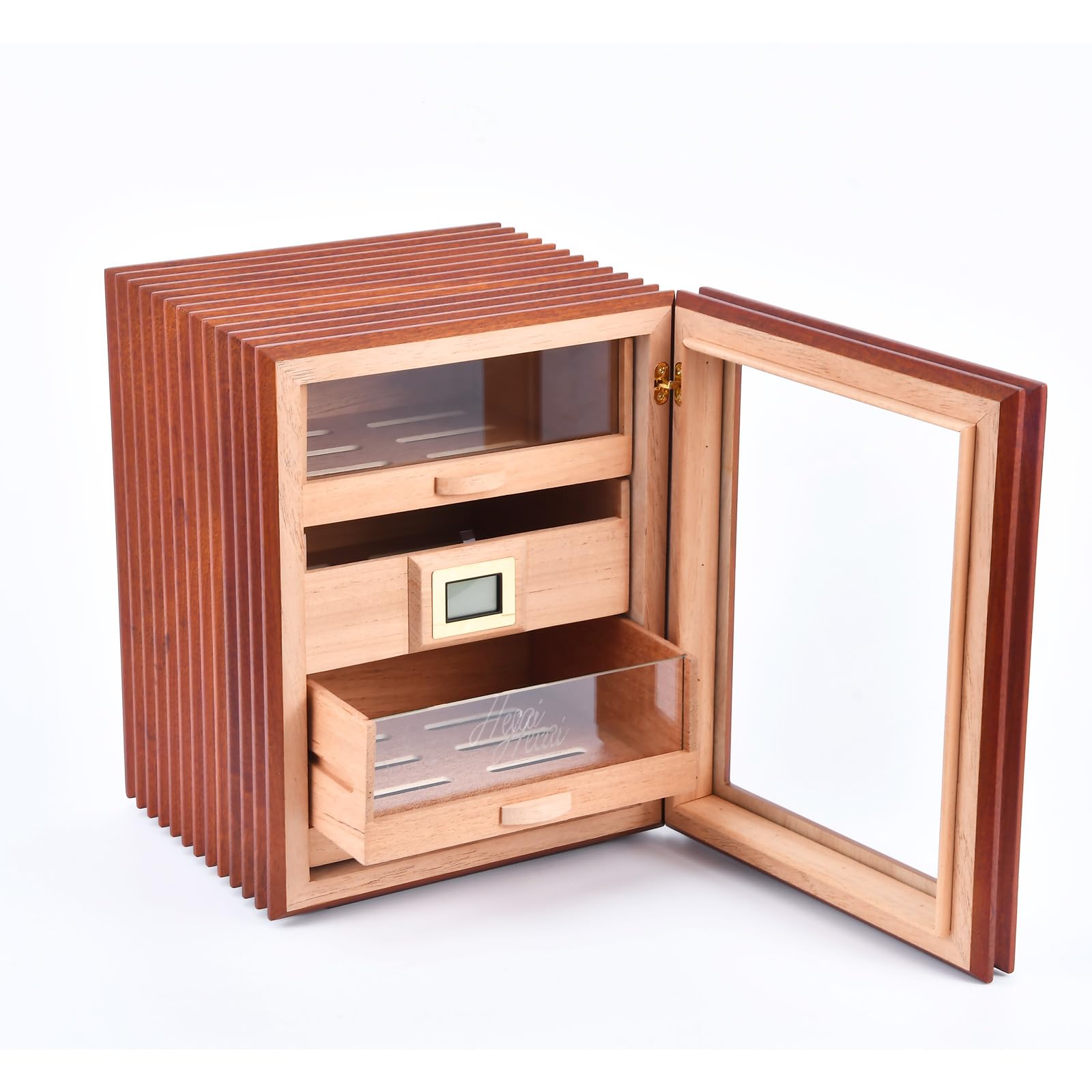 Hecai Sapele Wood Cabinet with 3 Larger Drawers 1 Humidifiers Digital Hygrometer for 100-150 Capacity Gifts for Men-Large