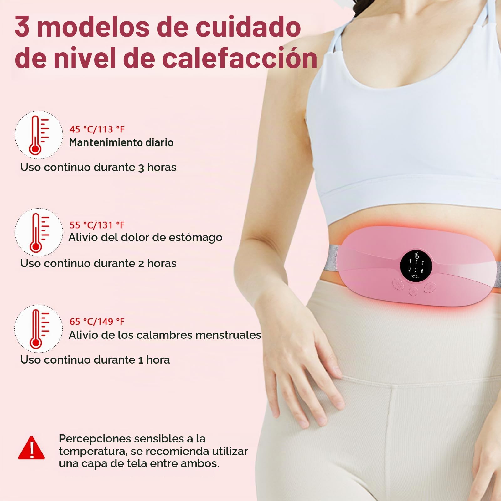Almohadilla Térmica Menstrual, KBCASE Portátil Cinturón de Calentamiento Eléctrico Inalámbrico Almohadilla de Calefacción 3 Modos de Masaje para Período Menstrual Alivio del Dolor de Espalda (Rosa)
