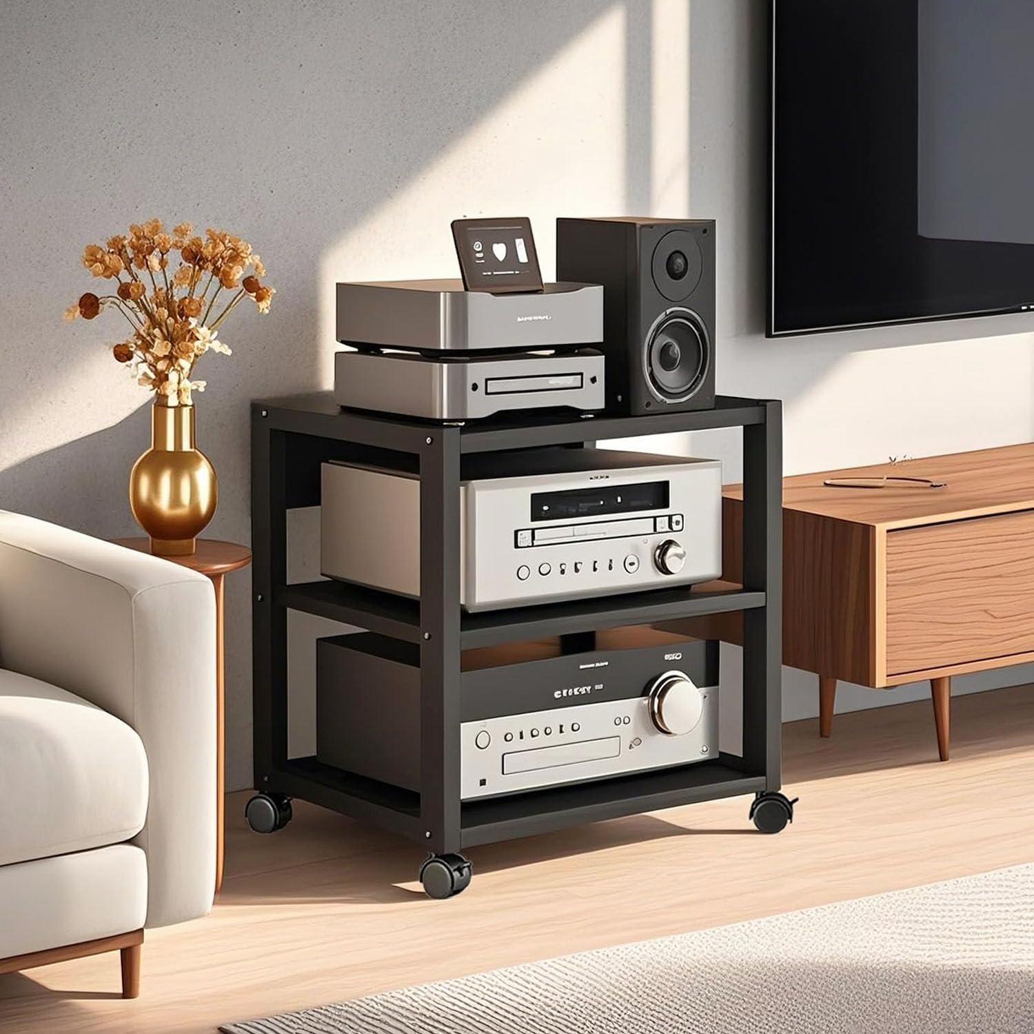 3 Tier AV Media Stand, Audio Rack Tower Stereo Components Cabinet, Home Theatre CD Record Player Stereo Receiver Equipment Rack with Adjustable Wood Shelves, Load 220lbs (Black)