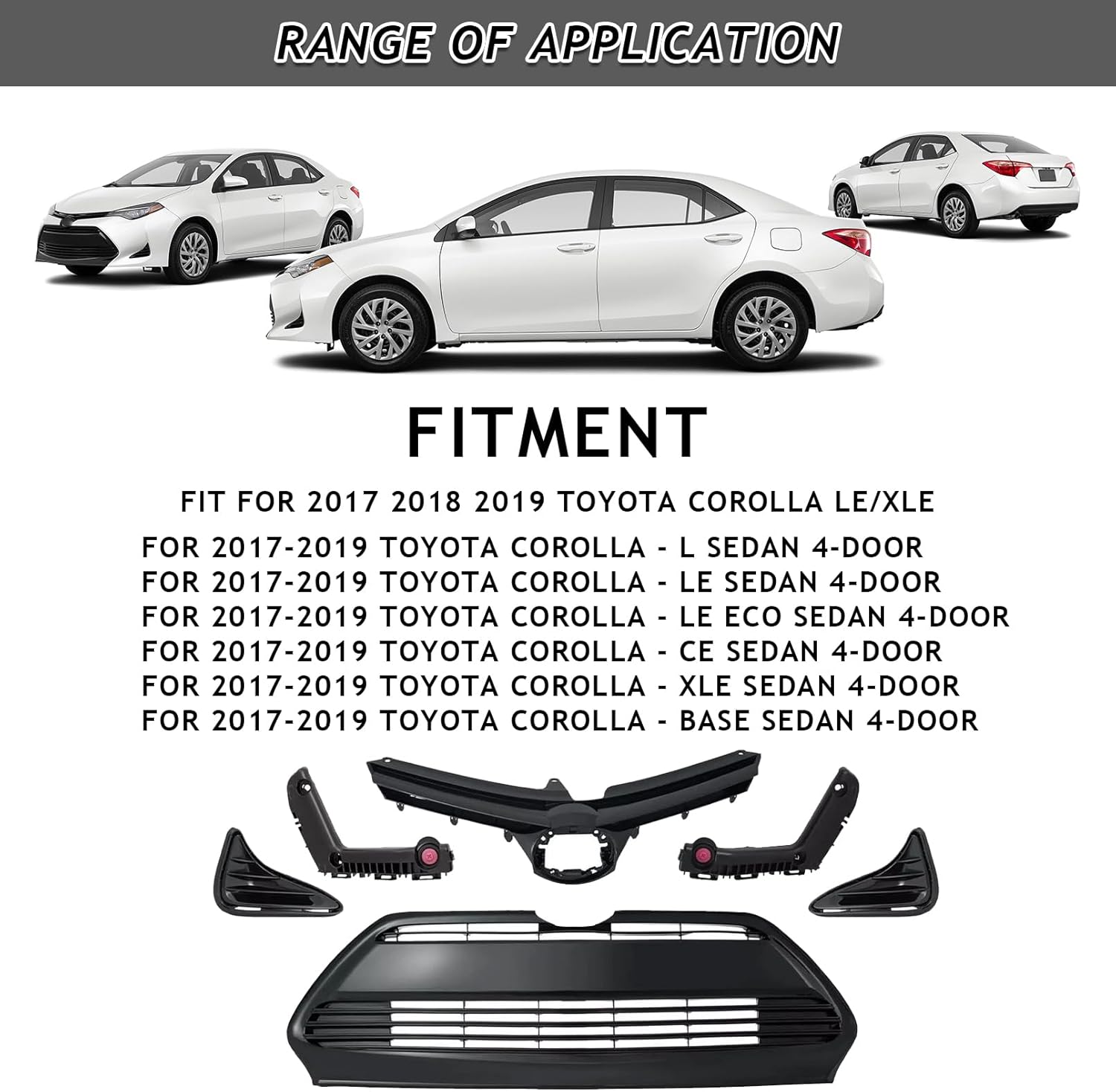 Bewild Front Bumper Upper & Lower Grille + Support Retainer Brackets + Foglights Cover Fit For 2017 2018 2019 Toyota Corolla L LE XLE CE Sedan Front Grille Assembly Replacement