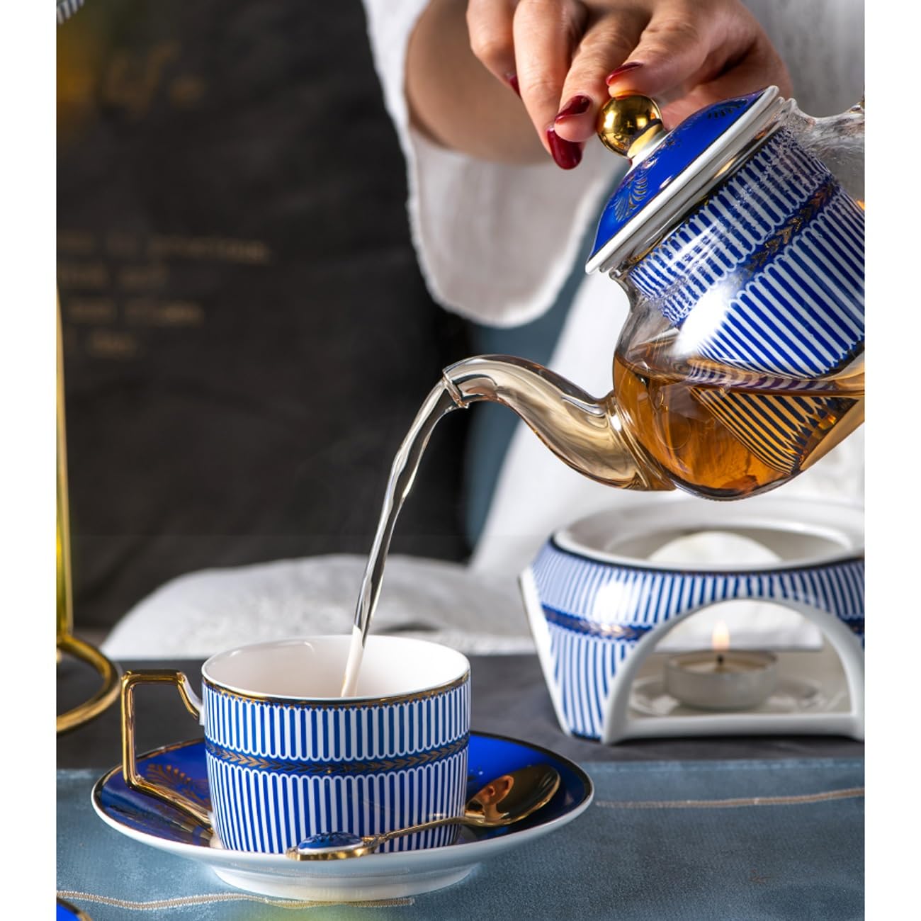 Zestaw do herbaty z porcelany kostnej z metalowym uchwytem, herbata kwiatowa, herbata owocowa, popołudniowa herbata, porcelanowe zestawy ze szklanym czajnikiem i podgrzewaczem, prezenty dla miłośnika