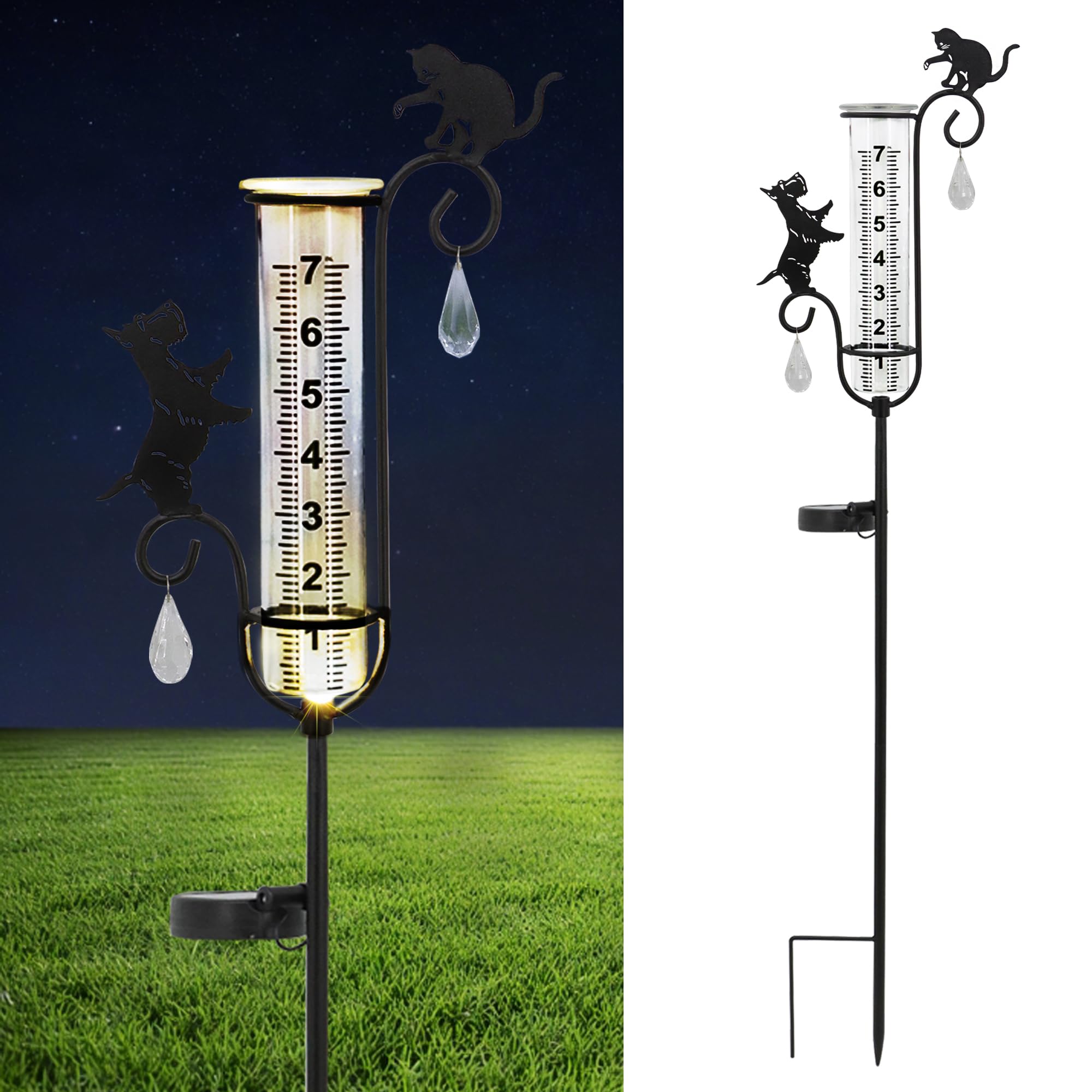 33in Solar Dog Cat Rain Gauge Metal Garden Stake Black Yorkie Decor