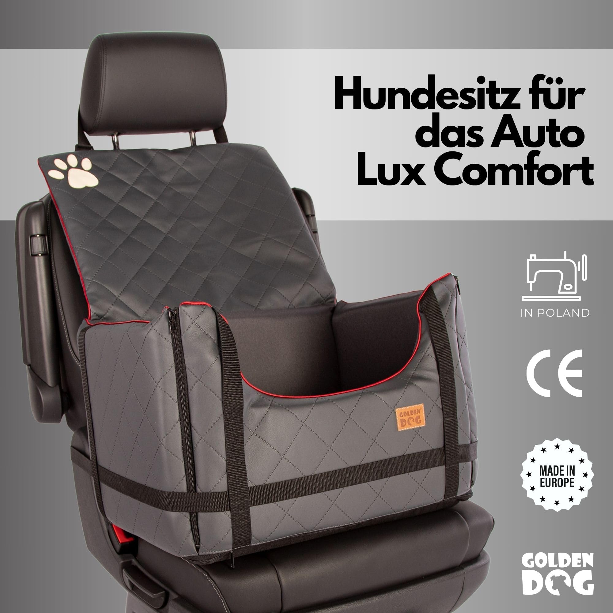Golden Dog - Caja de transporte para perros con cinturón de seguridad M-52 x 44 x 33 cm - Asiento de coche de imitación de cuero para perro asiento impermeable para perro - Asiento de pasajero para