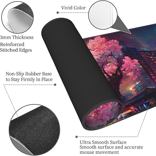 Vista 4 de Alfombrilla de mouse japonesa con diseño de flor de cerezo neón de 11.8 x 31.5 pulgadas, alfombrilla de mouse grande con base de goma antideslizante