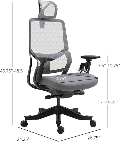 Miniatura 3 de Vinsetto Silla de oficina ergonómica de malla con respaldo alto con altura ajustable apoyabrazos soporte lumbar y reposacabezas grisnegro