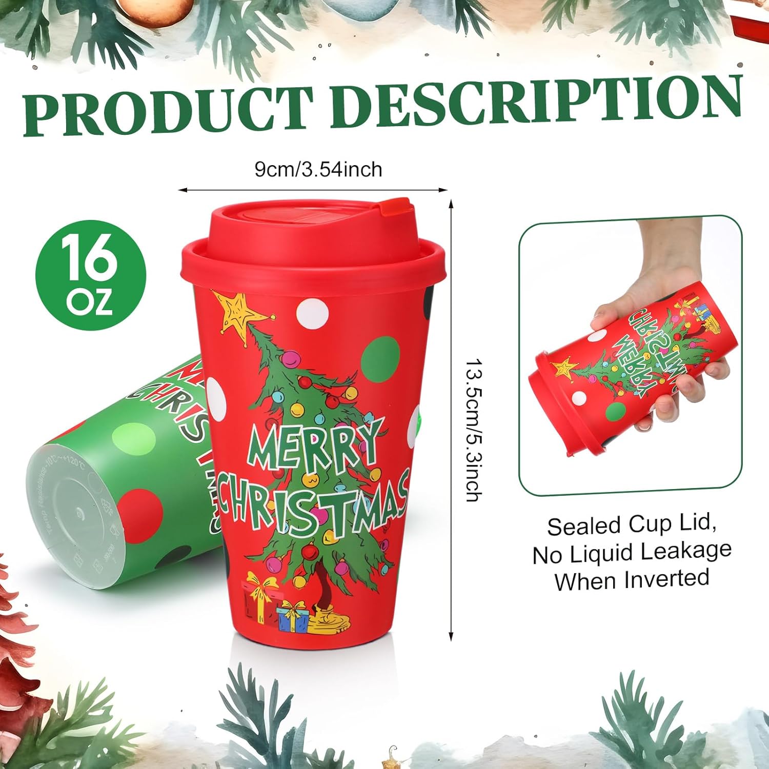 50 Pcs 16 oz Christmas Cups with Lids and Straws, Christmas Party Favors Supplies, Chrismass Tree Santa Hat Plastic Chrismas Party Cups for Xmas Winter Holiday White Elephant Party Decorations - Image 3
