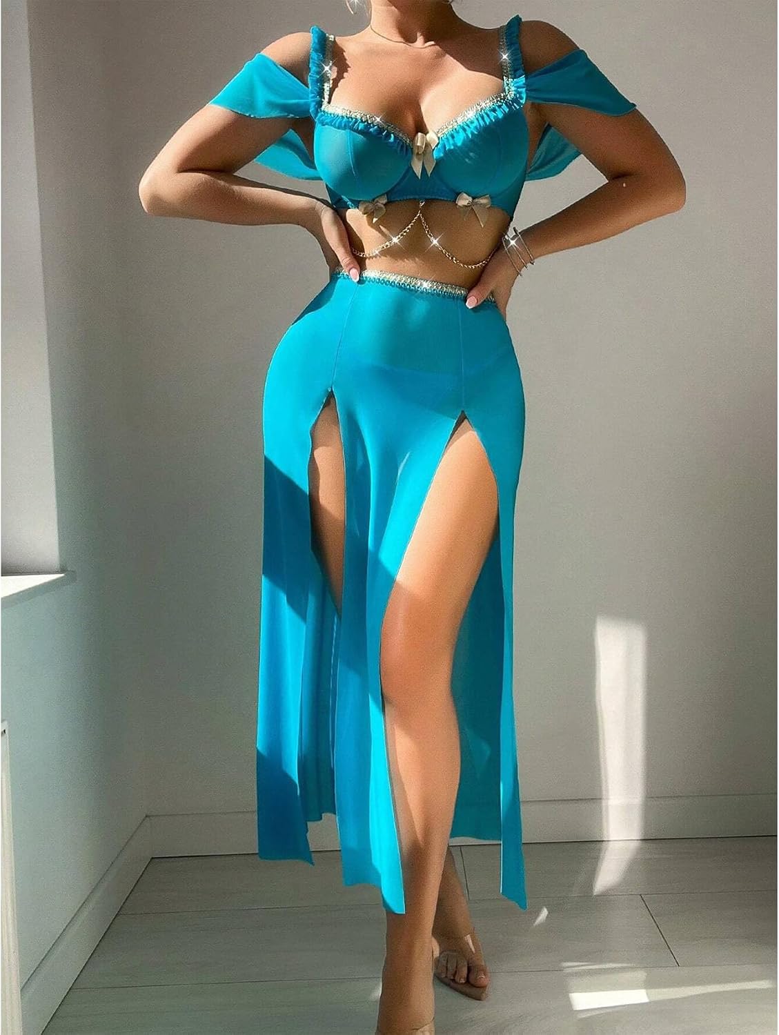 JasmyGirls Halloween Princess Costume for Women Adult Blue Two Piece Sheer Bra Mesh Maxi Dress