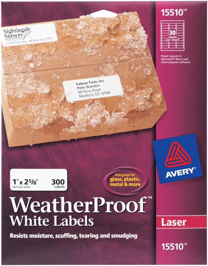 Avery White Weatherproof Labels for Laser Printers, 1 x 2.