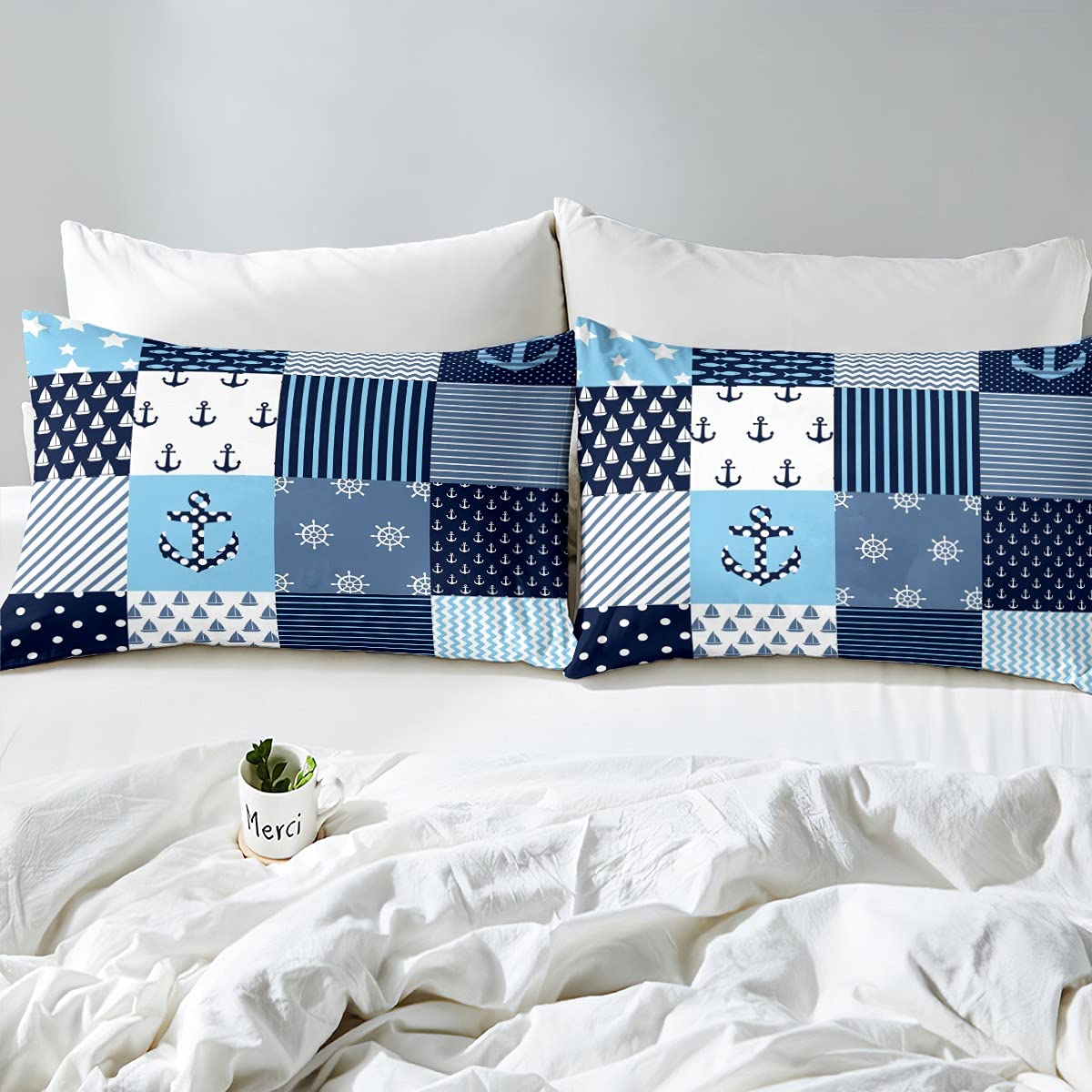 Juego de ropa de cama con diseño de océano para niños y adolescentes, funda de edredón para niños y adolescentes, diseño de rayas, color azul y blanco