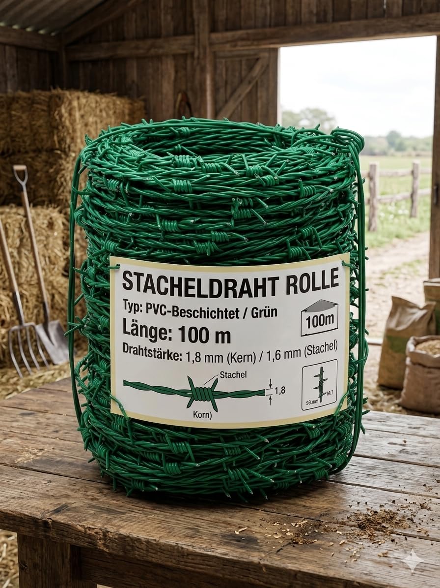 Stacheldraht Rolle grün PVC-beschichtet | 100m Sicherheitszaun für Garten & Grundstück | 1,6-1,8 mm Drahtstärke, wetterfest & unauffällig